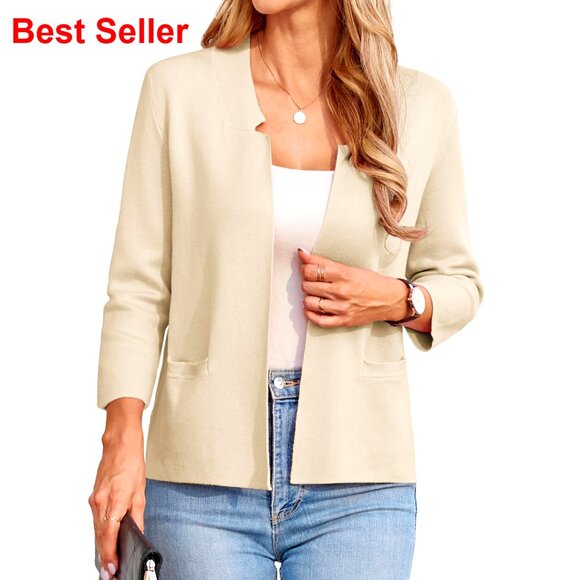 Sweaters - Lightweight Cropped Cardigan Blazer 3/4 Sleeve Notch Collar Business Casual